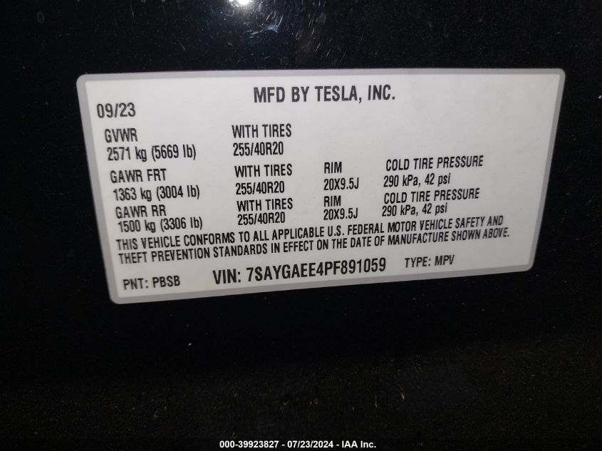 2023 Tesla Model Y Awd/Long Range Dual Motor All-Wheel Drive VIN: 7SAYGAEE4PF891059 Lot: 39923827