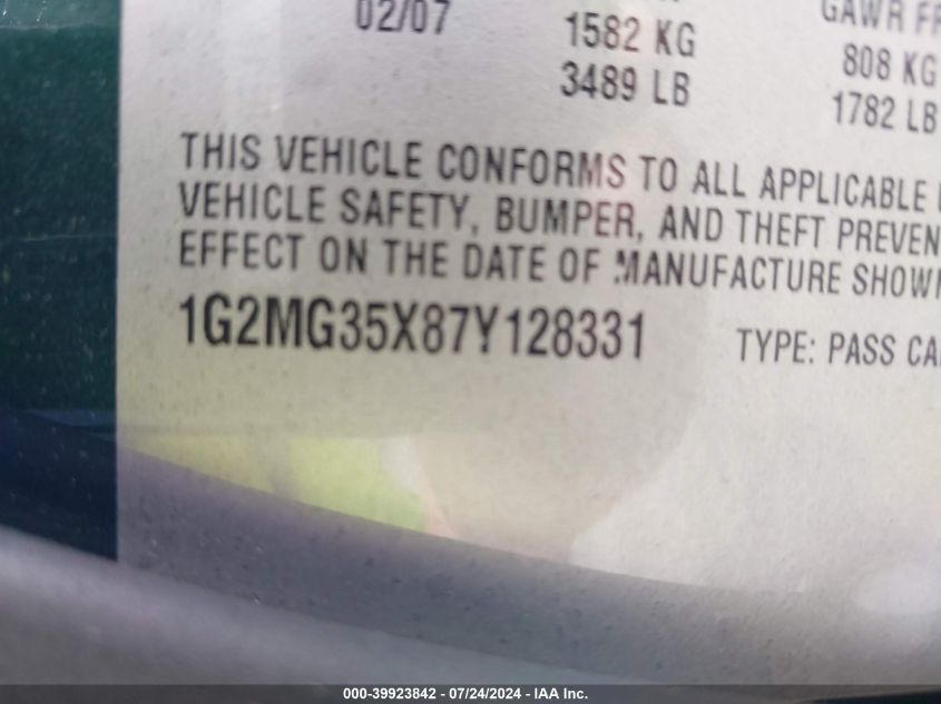 2007 Pontiac Solstice Gxp VIN: 1G2MG35X87Y128331 Lot: 39923842