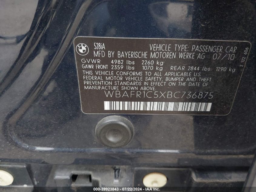 2011 BMW 528I VIN: WBAFR1C5XBC736875 Lot: 39923843