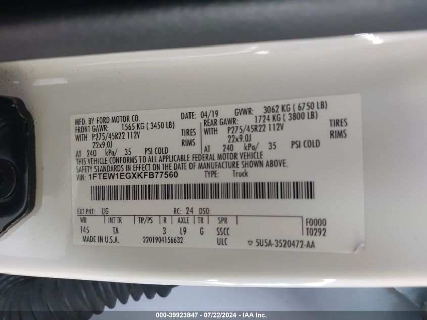 2019 Ford F-150 Limited VIN: 1FTEW1EGXKFB77560 Lot: 39923847