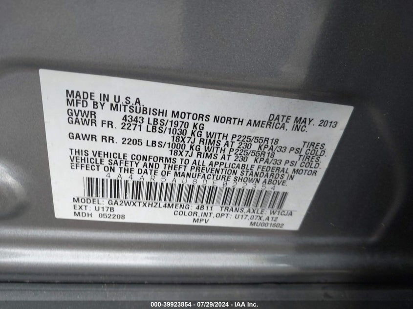 2013 Mitsubishi Outlander Sport Le VIN: 4A4AR5AU8DE022354 Lot: 39923854