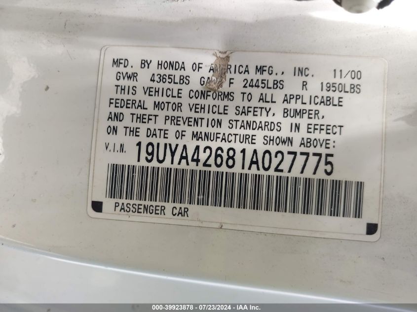 2001 Acura Cl 3.2 Type S VIN: 19UYA42681A027775 Lot: 39923878