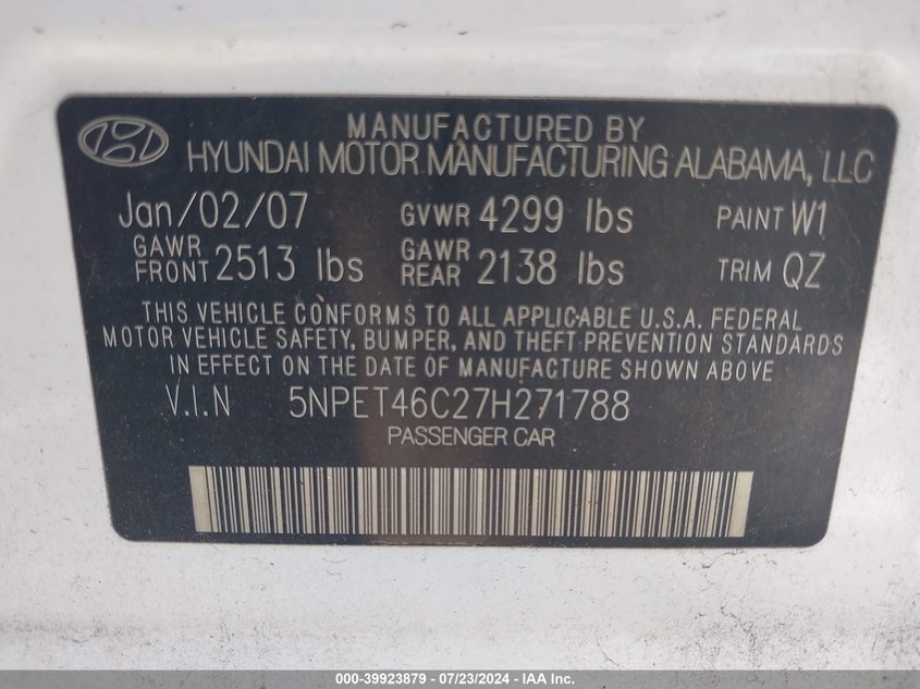 2007 Hyundai Sonata Gls VIN: 5NPET46C27H271788 Lot: 39923879
