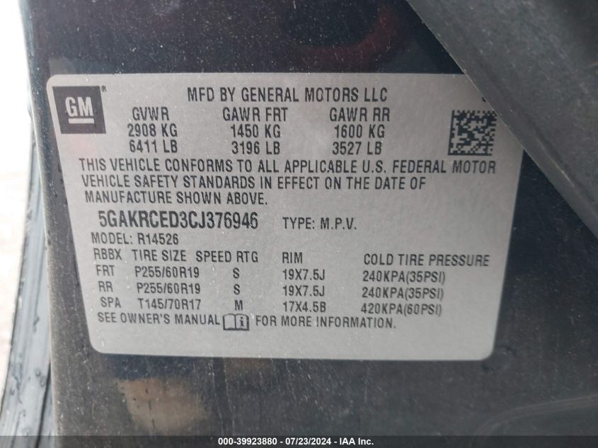 2012 Buick Enclave VIN: 5GAKRCED3CJ376946 Lot: 39923880