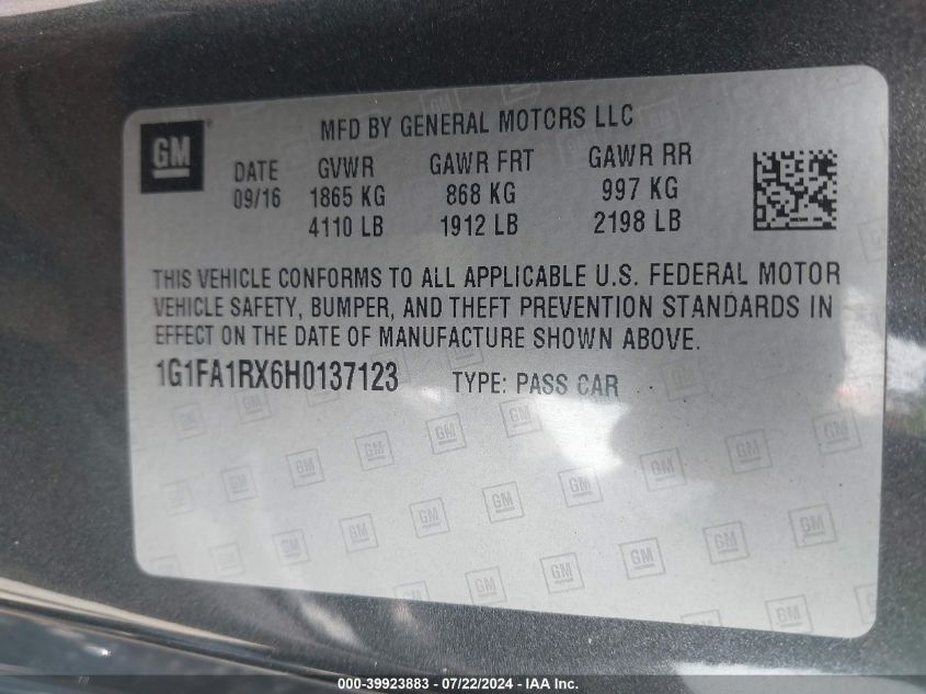 2017 Chevrolet Camaro 1Lt VIN: 1G1FA1RX6H0137123 Lot: 39923883