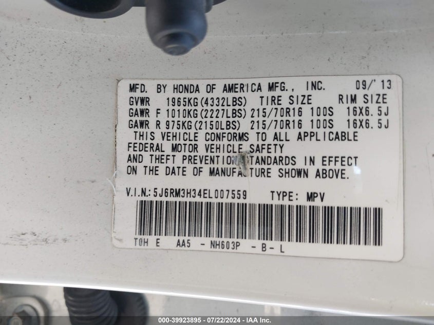 2014 Honda Cr-V Lx VIN: 5J6RM3H34EL007559 Lot: 39923895