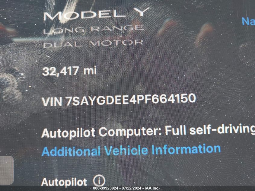 2023 Tesla Model Y Awd/Long Range Dual Motor All-Wheel Drive VIN: 7SAYGDEE4PF664150 Lot: 39923924