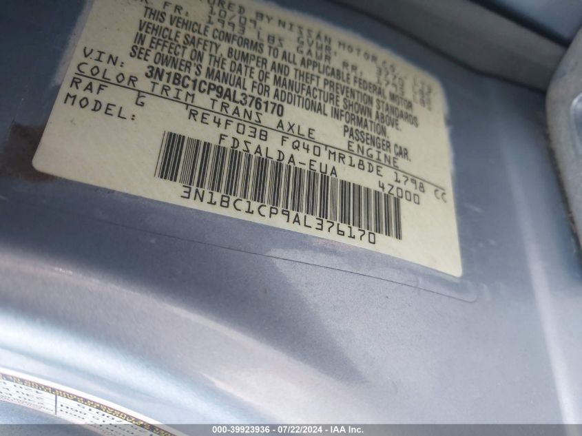 2010 Nissan Versa 1.8S VIN: 3N1BC1CP9AL376170 Lot: 39923936