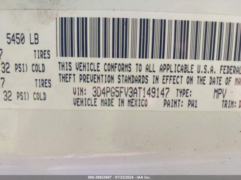 2010 Dodge Journey Sxt VIN: 3D4PG5FV3AT149147 Lot: 39923957