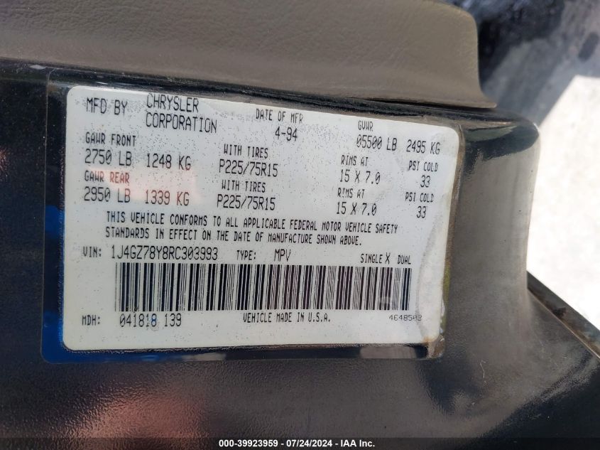 1994 Jeep Grand Cherokee Limited VIN: 1J4GZ78Y8RC303993 Lot: 39923959