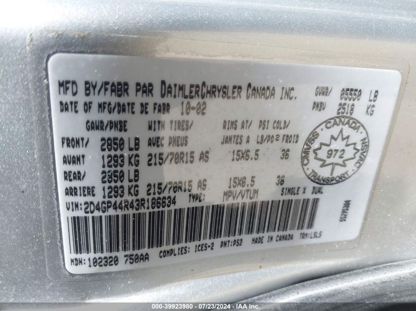 2003 Dodge Grand Caravan Sport VIN: 2D4GP44R43R186634 Lot: 39923980