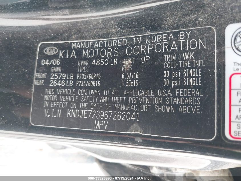 2006 Kia Sportage Ex V6/Lx V6 VIN: KNDJE723967262041 Lot: 39923993