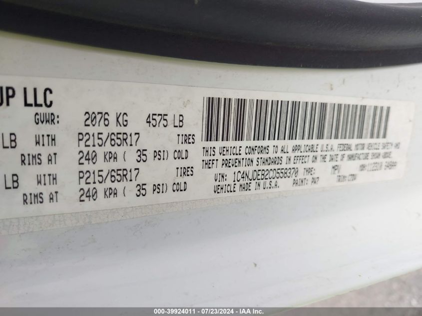 2012 Jeep Compass Latitude VIN: 1C4NJDEB2CD558370 Lot: 39924011