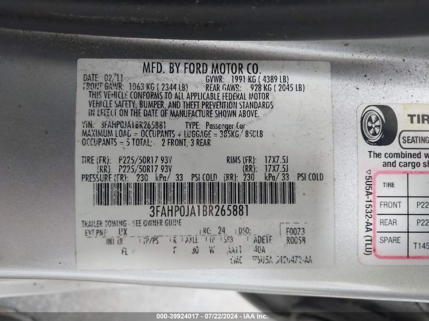 2011 Ford Fusion Sel VIN: 3FAHP0JA1BR265881 Lot: 39924017