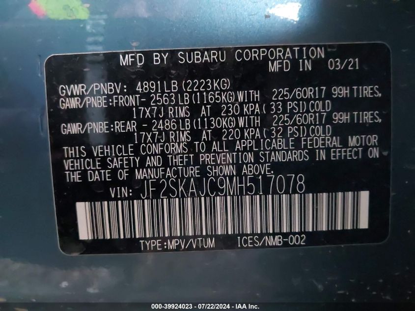 2021 Subaru Forester Premium VIN: JF2SKAJC9MH517078 Lot: 39924023