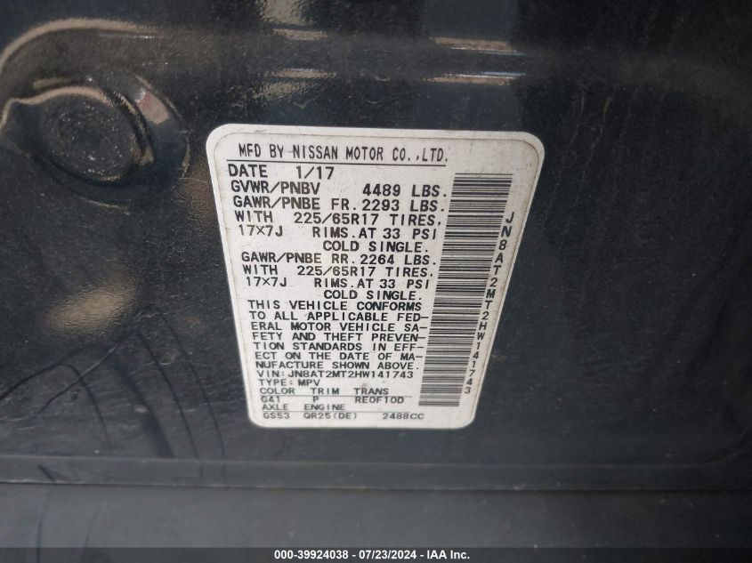 2017 Nissan Rogue Sv VIN: JN8AT2MT2HW141743 Lot: 39924038