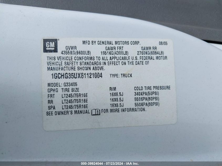 2006 Chevrolet Express VIN: 1GCHG35UX61121004 Lot: 39924044