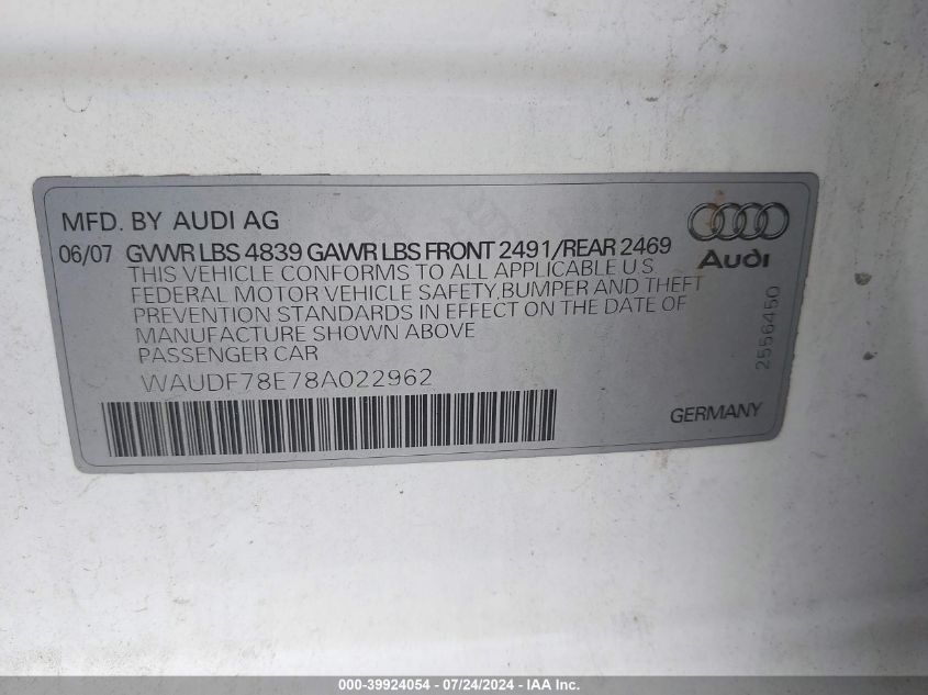 2008 Audi A4 2.0T/2.0T Special Edition VIN: WAUDF78E78A022962 Lot: 39924054