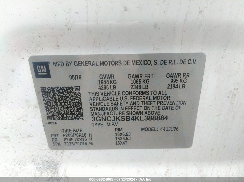 3GNCJKSB4KL388884 2019 Chevrolet Trax Ls