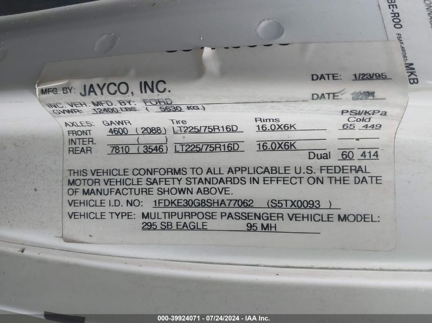 1995 Ford Econoline E350 Cutaway Van VIN: 1FDKE30G8SHA77062 Lot: 39924071