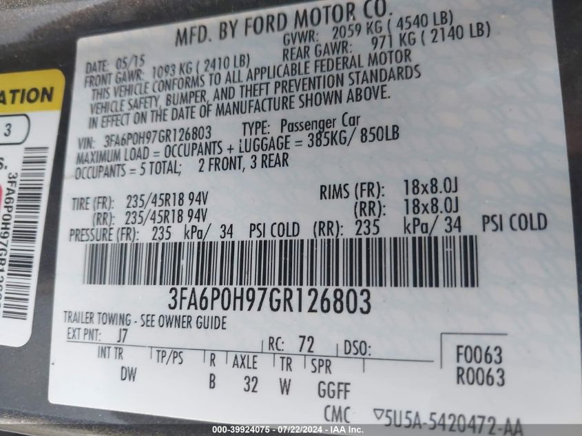 2016 Ford Fusion Se VIN: 3FA6P0H97GR126803 Lot: 39924075