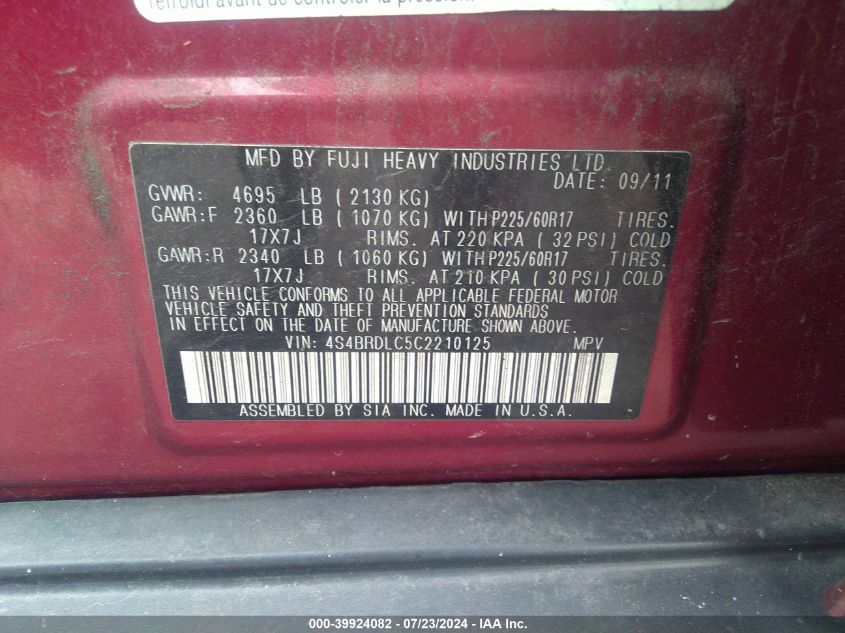 2012 Subaru Outback 3.6R Limited VIN: 4S4BRDLC5C2210125 Lot: 39924082