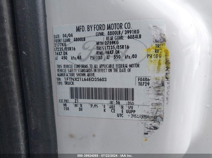 2004 Ford F-250 Lariat/Xl/Xlt VIN: 1FTNX21L64ED35603 Lot: 39924085