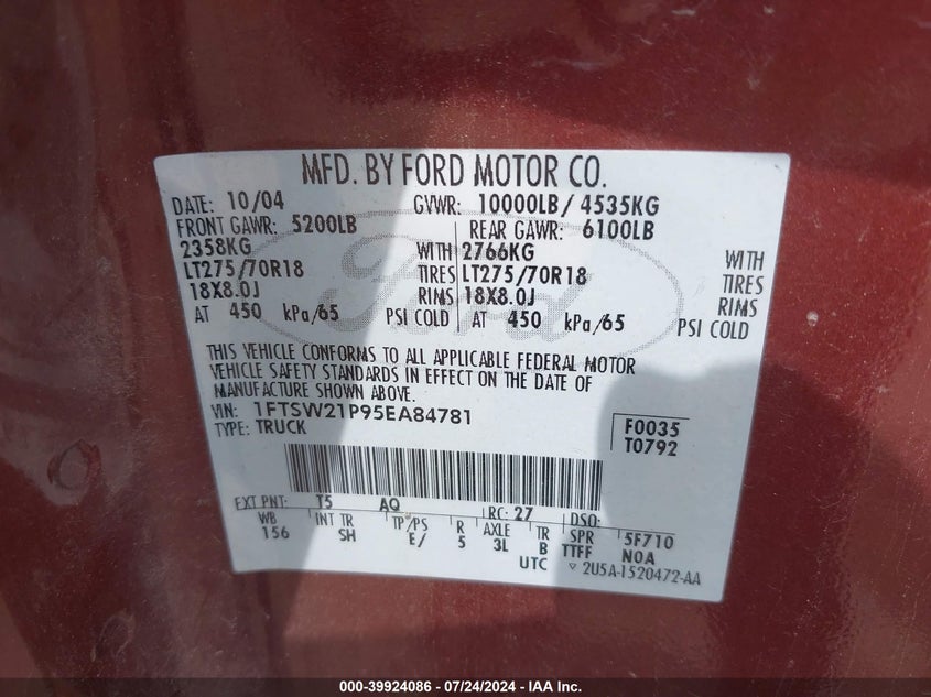 2005 Ford F-250 Lariat/Xl/Xlt VIN: 1FTSW21P95EA84781 Lot: 39924086