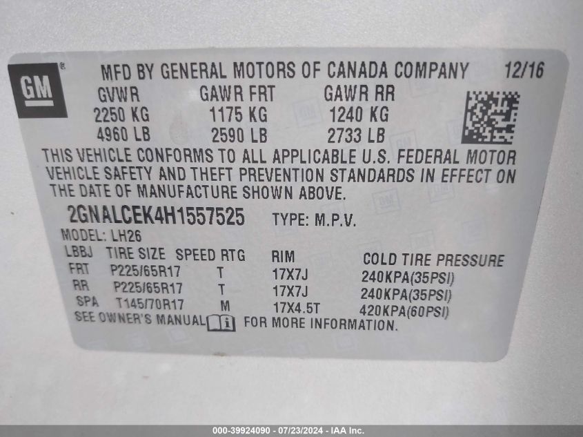 VIN 2GNALCEK4H1557525 2017 CHEVROLET EQUINOX LT