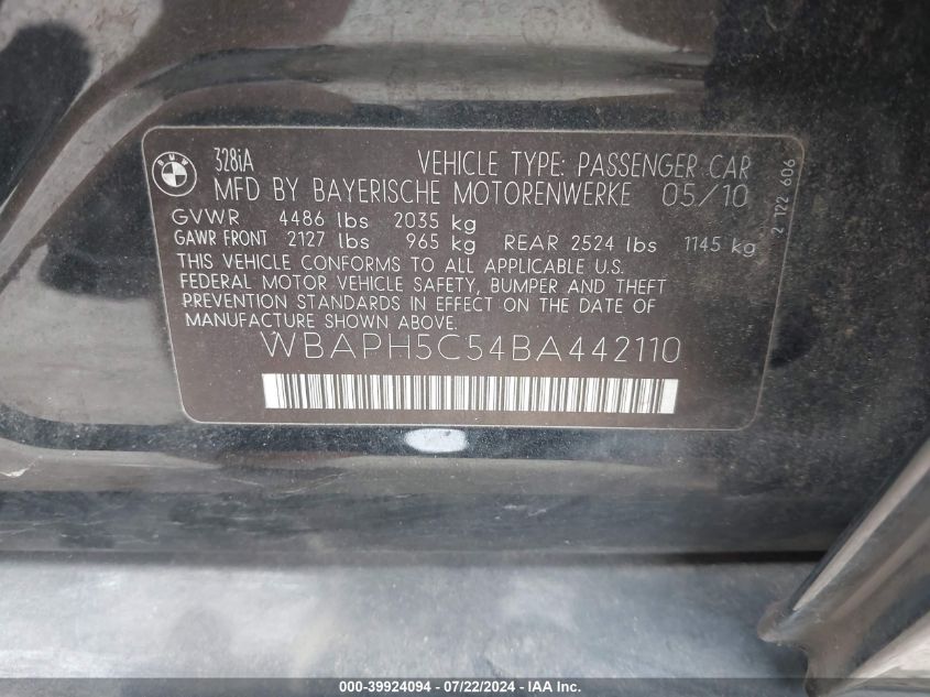 2011 BMW 328I VIN: WBAPH5C54BA442110 Lot: 39924094