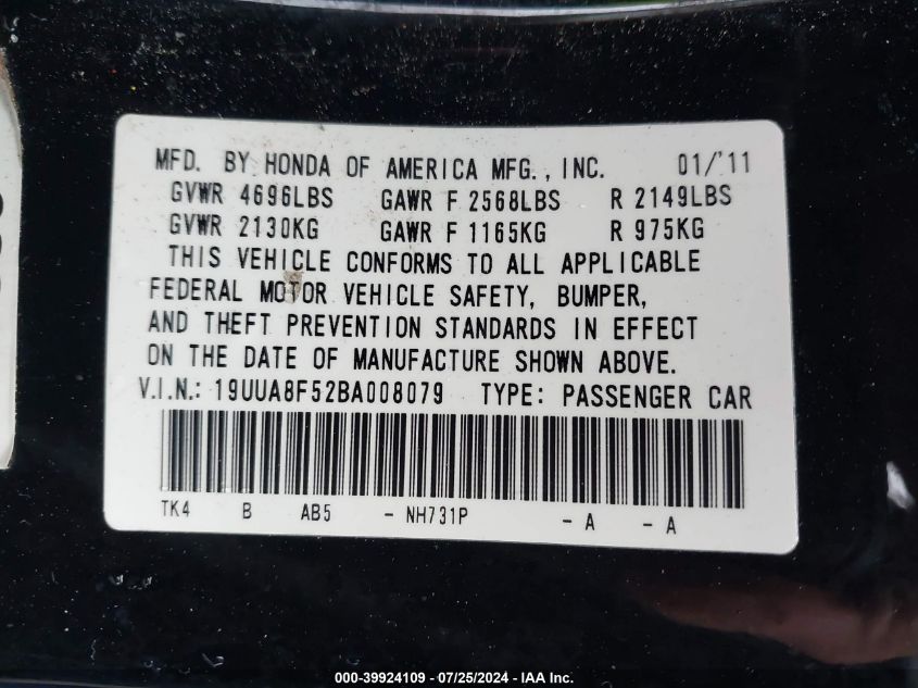 2011 Acura Tl 3.5 VIN: 19UUA8F52BA008079 Lot: 39924109