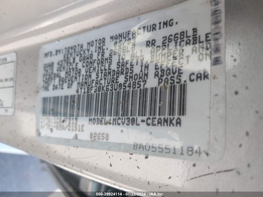 2003 Toyota Camry Le V6 VIN: 4T1BF30K63U054857 Lot: 39924114