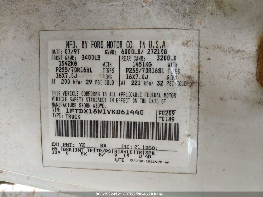 1997 Ford F-150 Lariat/Xl/Xlt VIN: 1FTDX18W1VKD61440 Lot: 39924121