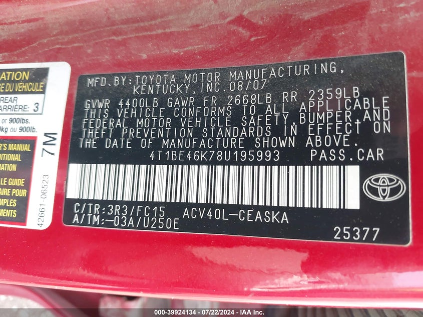 2008 Toyota Camry Se VIN: 4T1BE46K78U195993 Lot: 39924134