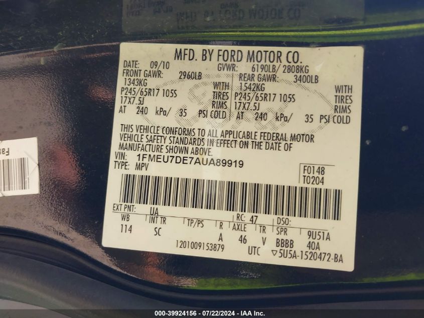 2010 Ford Explorer Xlt VIN: 1FMEU7DE7AUA89919 Lot: 39924156