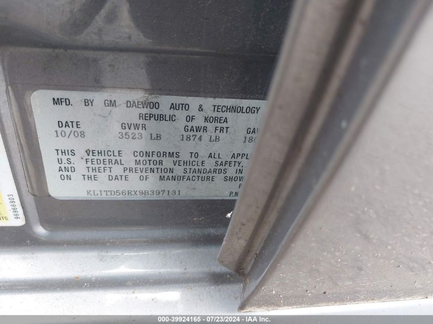 2009 Chevrolet Aveo Lt VIN: KL1TD56EX9B397131 Lot: 39924165