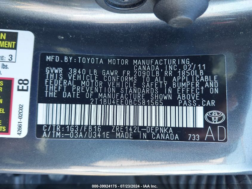 2011 Toyota Corolla Le VIN: 2T1BU4EE0BC581565 Lot: 39924175