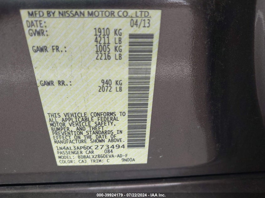 1N4AL3AP6DC273494 2013 Nissan Altima 2.5 Sl