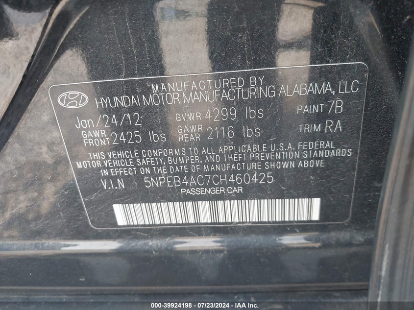 2012 Hyundai Sonata Gls VIN: 5NPEB4AC7CH460425 Lot: 39924198