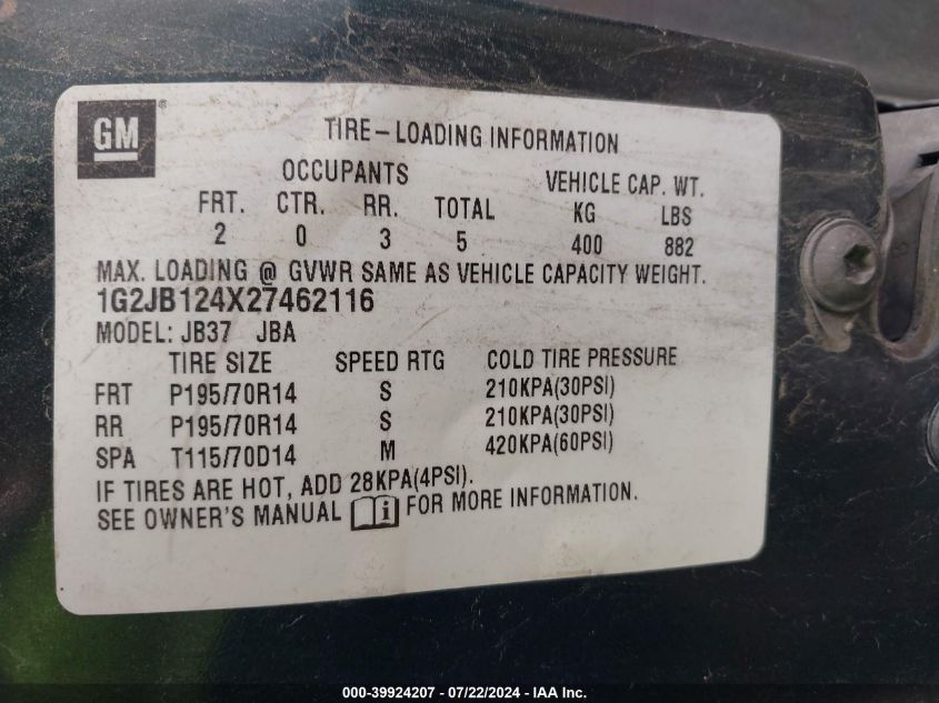 2002 Pontiac Sunfire Se VIN: 1G2JB124X27462116 Lot: 39924207