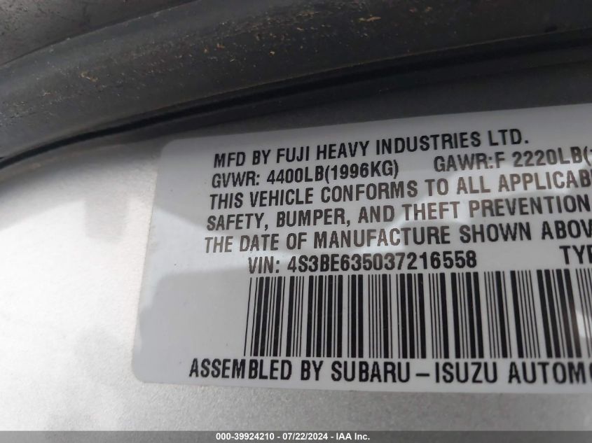 2003 Subaru Legacy VIN: 4S3BE635037216558 Lot: 39924210