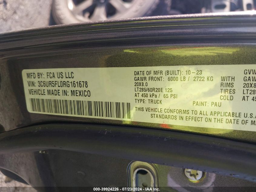 2024 Ram 2500 Laramie 4X4 6'4 Box VIN: 3C6UR5FL0RG161678 Lot: 39924226