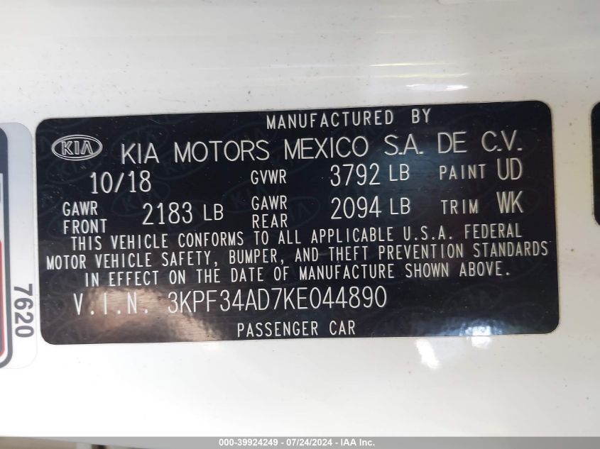 2019 Kia Forte S VIN: 3KPF34AD7KE044890 Lot: 39924249
