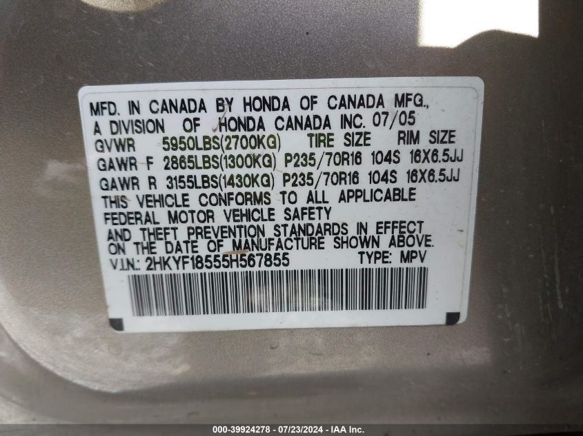 2005 Honda Pilot Ex-L VIN: 2HKYF18555H567855 Lot: 39924278