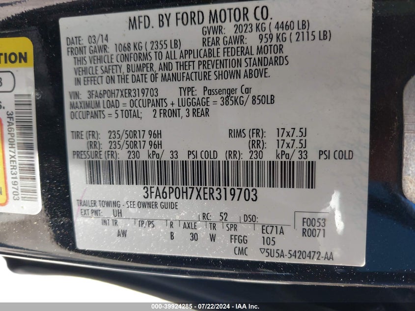 2014 Ford Fusion Se VIN: 3FA6P0H7XER319703 Lot: 39924285