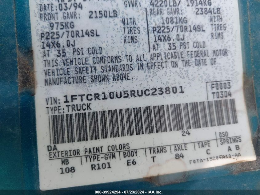 1994 Ford Ranger VIN: 1FTCR10U5RUC23801 Lot: 39924294