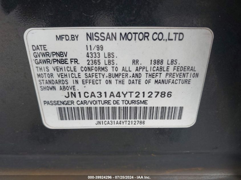 2000 Nissan Maxima Gle/Gxe/Se VIN: JN1CA31A4YT212786 Lot: 39924296