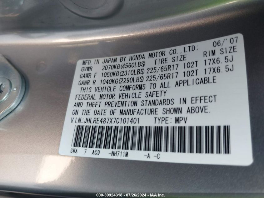 2007 Honda Cr-V Ex-L VIN: JHLRE487X7C101401 Lot: 39924318