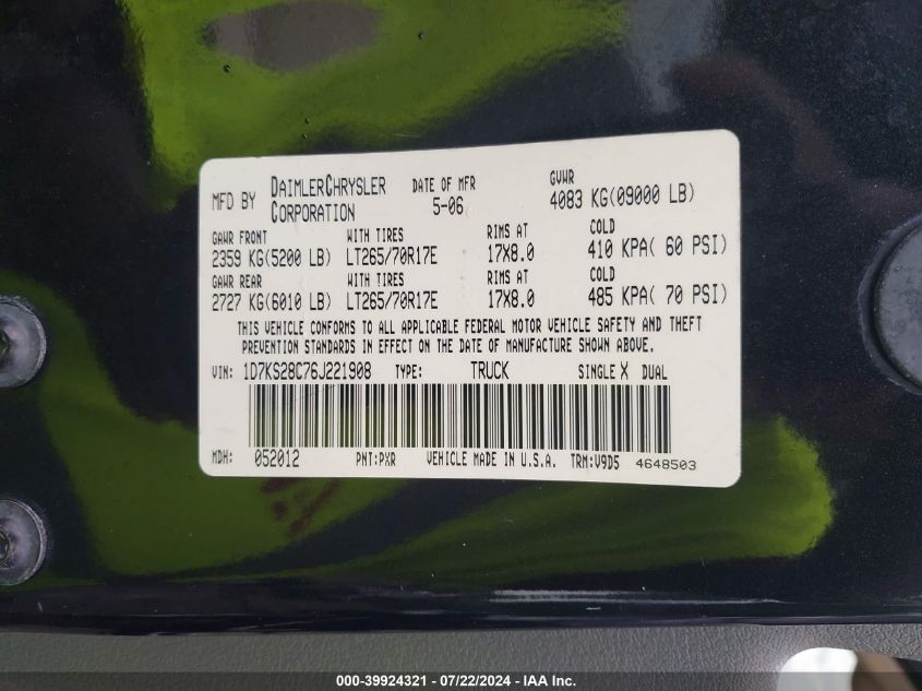 2006 Dodge Ram 2500 Slt/Trx4 Off Road/Sport/Power Wagon VIN: 1D7KS28C76J221908 Lot: 39924321