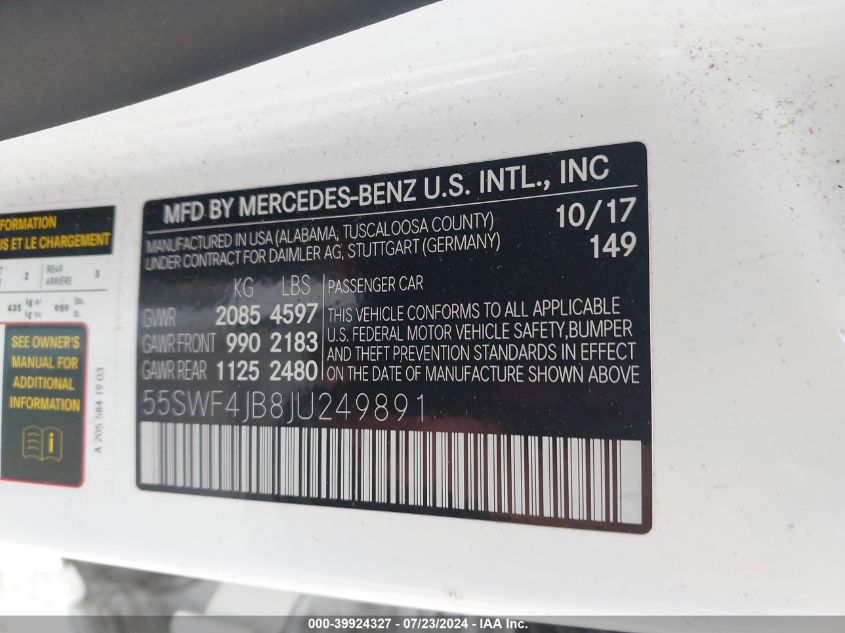 2018 Mercedes-Benz C 300 VIN: 55SWF4JB8JU249891 Lot: 39924327